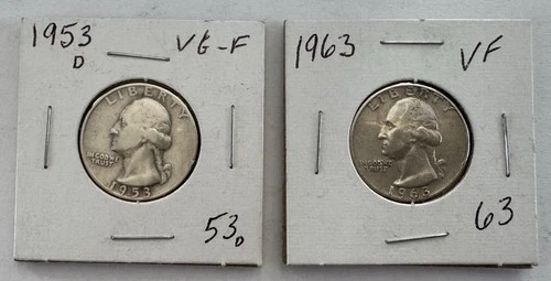 Washington Quarters 1953-D VG-F & 1963 VF Silver Circulated Denver Philly