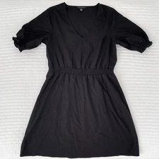 Saks Fifth Avenue Puff Sleeve V-Neck A-Line Linen Mini Dress in Black Size M