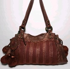 ISABELLA FIORE XL KNIT WHIT DREAM WEAVER POM POM EMBROIDERED HOBO HANDBAG 695