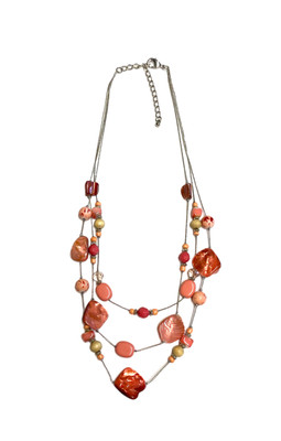 Pink & Tan Abalone Shell Glass Wood Layered Multistrand Necklace Fashion Retro