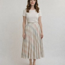 Vintage 70s Panther Pleated Accordion Midi Skirt Pastel Pink Gray Plaid
