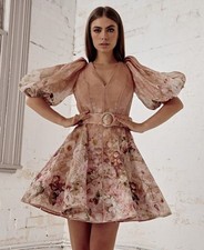 ZIMMERMANN-SIZE 4 (AU 16/US 12)-DANCER BLUSH PINK PUFF SLEEVE FLORAL MINI DRESS