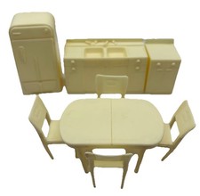 Vintage Marx Dollhouse Kitchen Set Fridge Sink Cabinets Table Chairs Cream AS IS