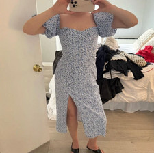 H&M Blue Floral Puff Sleeve Strappy Back Midi Dress