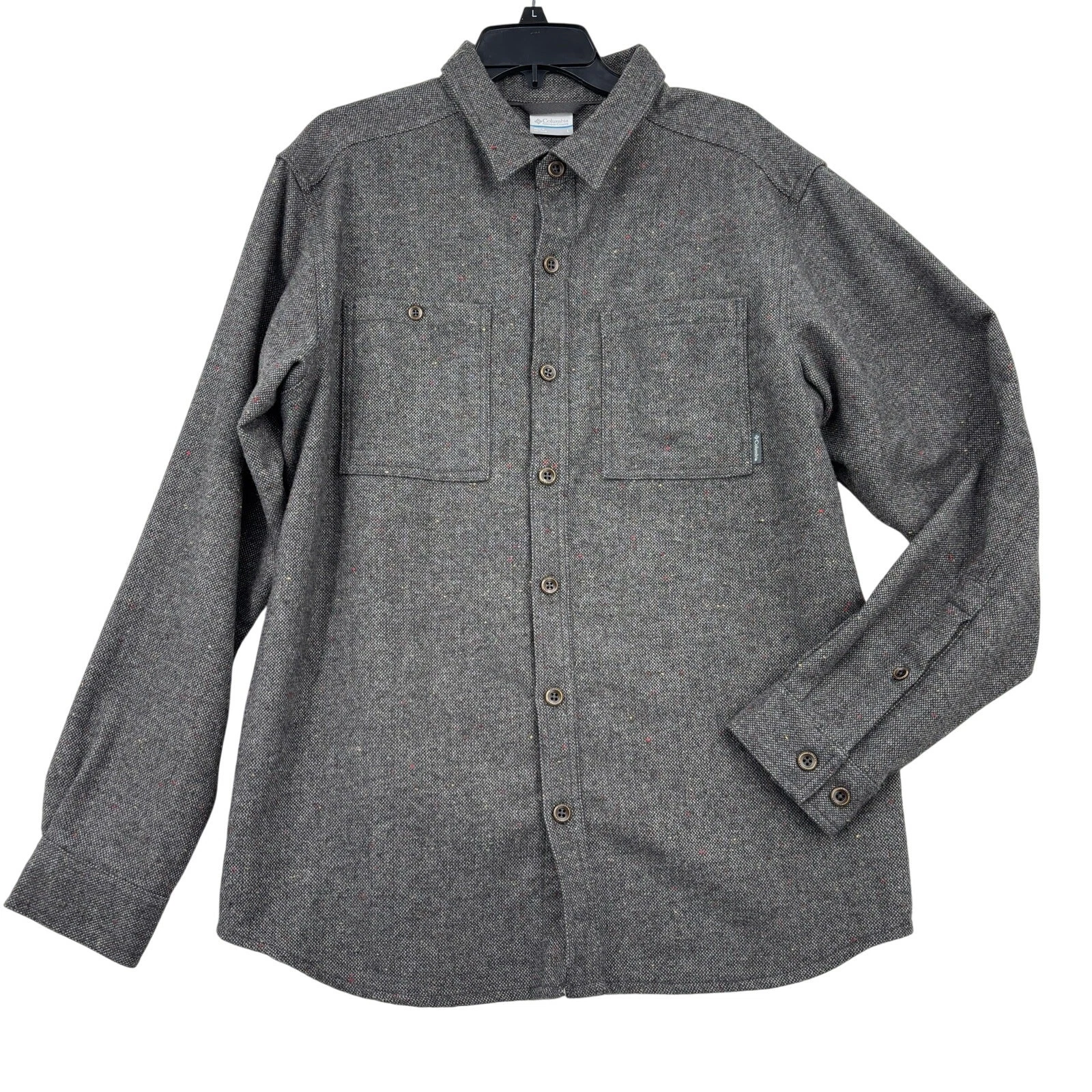 Columbia Button Up Shirt Mens Size L Gray Tweed Wool Blend Cold Weather Outdoor