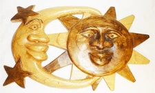 STUNNING CRESCENT MOON STARS & SUN MULTICOLOR WOOD CARVED PLAQUE