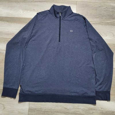 Travis Mathew Pullover Mens XL Heathered Blue Mock 1/4 Zip Sweater Side Pockets