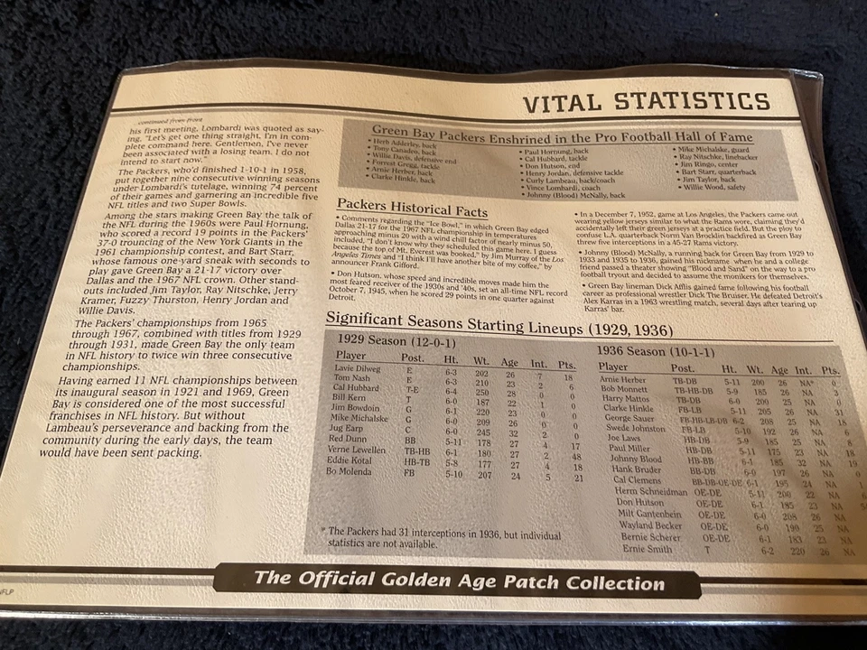 GREEN BAY PACKERS ~ Willabee & Ward NFL GOLDEN AGE FOOTBALL TEAM PATCH INFO CARD - Image 4 of 4