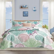 3 Piece Coastal Quilt Sets King Size - Reversible Microfiber Quilts with 2 Sh...