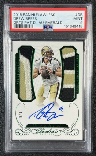 DREW BREES PSA 9 2015 PANINI FLAWLESS GREATS DUAL GU PATCH AUTO EMERALD 1/5