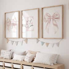 Personalised Name Set of 3 Girls Prints, Pink Bow Wall Art, Nursery Decor, Girls