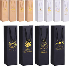 12 Pcs Christmas Wine Gift Bags for Bottles, Gold Foil Thick Paper with Handles,