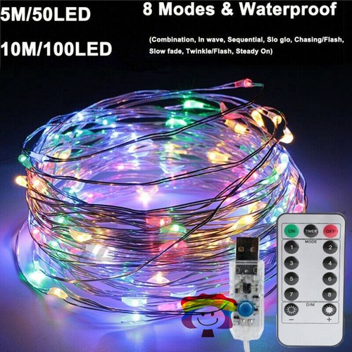 USB Twinkle LED String Fairy Lights 5-20M 50/100/200LED Copper Wire Party Remote - Picture 1 of 18