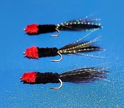 3 rote Ei schwarze saugende Blutegel Wollkäfer Streamer Fliegen. Größe 8