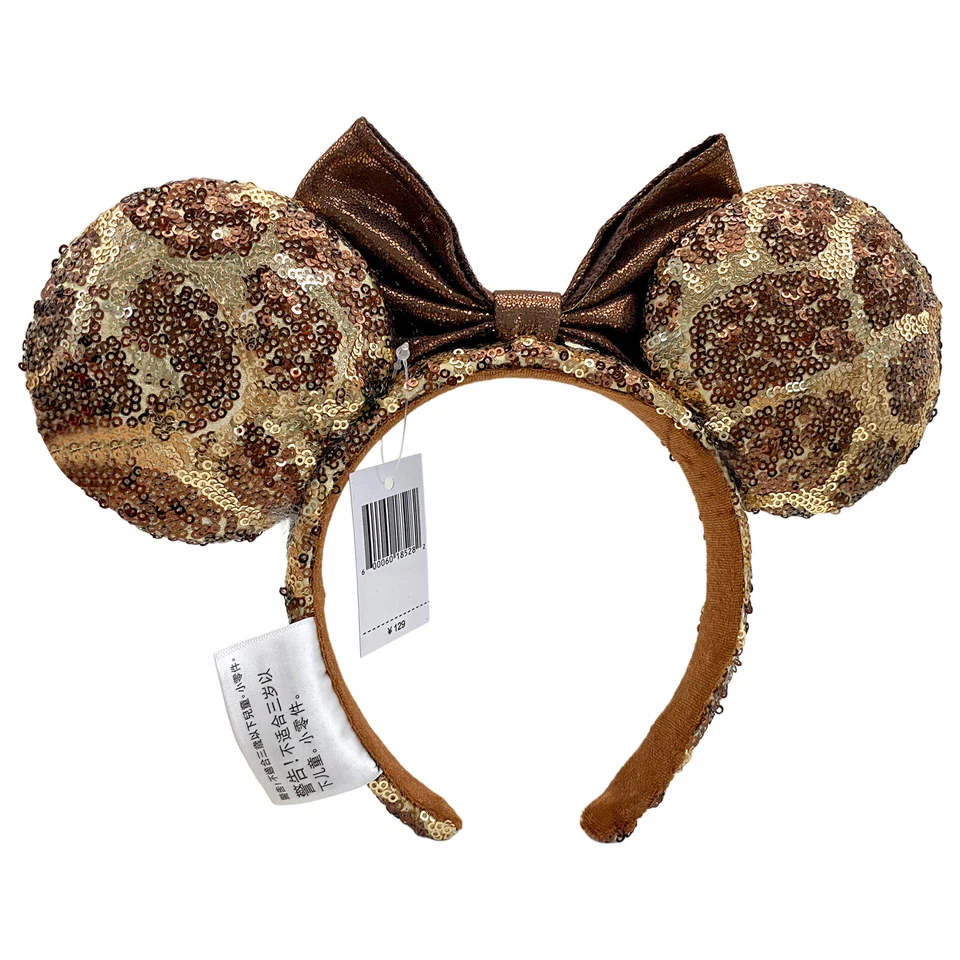 NUEVO Diadema Marrón Minnie Mickey Mouse Lentejuelas Leopardo Orejas Lazo Parques Disney EE. UU. Foto 2 de 4