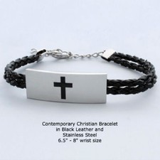 Black Leather Bracelet, Christian, Etched Cross on Stainless Steel 6.5"-8'