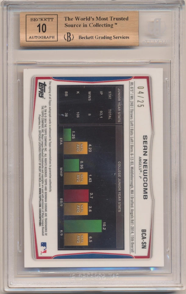 SEAN NEWCOMB 2014 BOWMAN ХРОМИРОВАННЫЙ АВТОГРАФ #/25 BGS 9,5 10 ОРАНЖЕВЫЙ ПЕРЕЛИВАЮЩИЙСЯ С АВТОГРАФОМ - Изображение 2 из 2