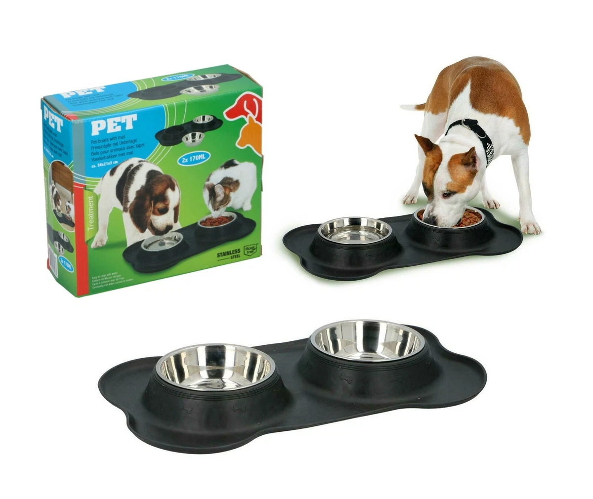 Double Stainless Steel Pet Dog Food Water Bowls Twin Dish Non Slip