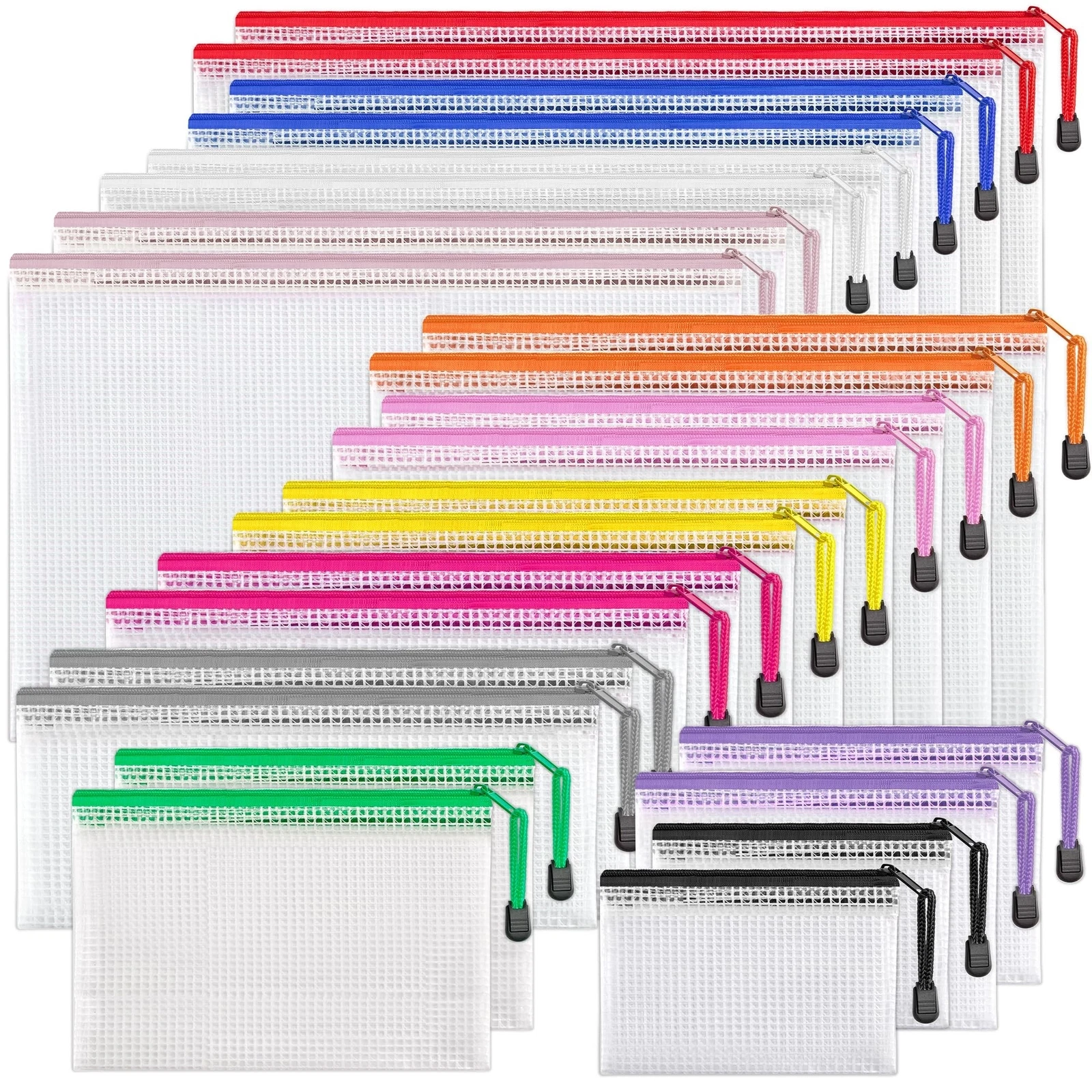 JARLINK 24pcs Mesh Zipper Pouch 12 Colors, 8 Sizes Waterproof Zipper Bags for...