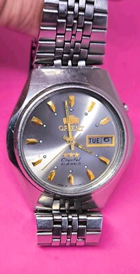 Vintage Orient 3 Star Crystal Day Date Automatic Gray Dial Men's 36mm Watch