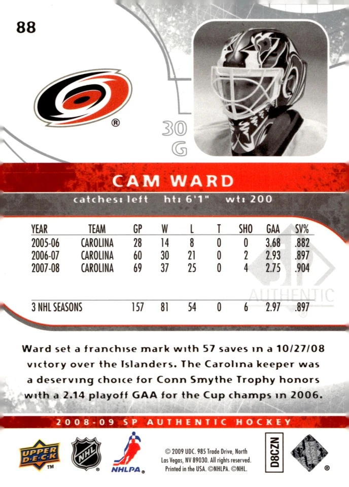 Cam Ward - Signed 2008-09 Upper Deck SP Authentic Card #88 - Image 2 of 2