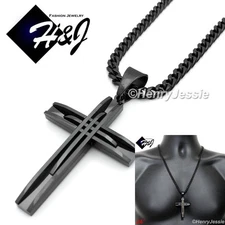 24"MEN Stainless Steel 6mm Black Plated Cuban Curb Link Necklace Cross Pendant*A