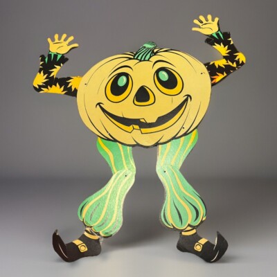 Vintage Bristle Standing Jointed Pumpkin Man Die Cut  Jack O Lantern  Rare