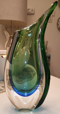 Murano Style MCM Glass Green Blue Clear Teardrop Vase
