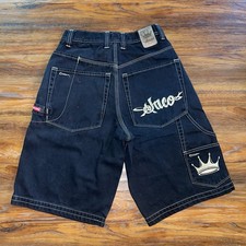 Vintage 90s JNCO Crown Logo Wide Leg Carpenter Black Jorts Shorts Size 28 26