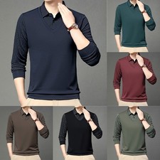 Men Casual Business Printed Pullover Shirt Top Winter Fleece Long Sleeve