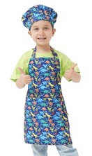 Kids Apron and Chef Hat Set, Children's Kitchen S 2-5 Year Dinosaur Blue