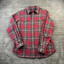 Polo Ralph Lauren Shirt Mens Medium Red Flannel Plaid Western Pearl Snap