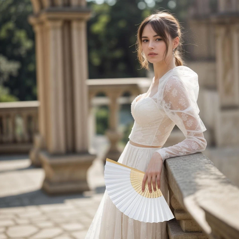 12 piezas ventiladores de mano de papel blanco - 8,3 pulgadas plegables para fiestas decoraciones Foto 3 de 4