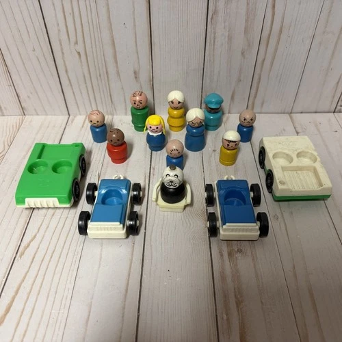 Vintage Fisher Price Little People Lot Wooden Figures Children Dog Cars Chair
