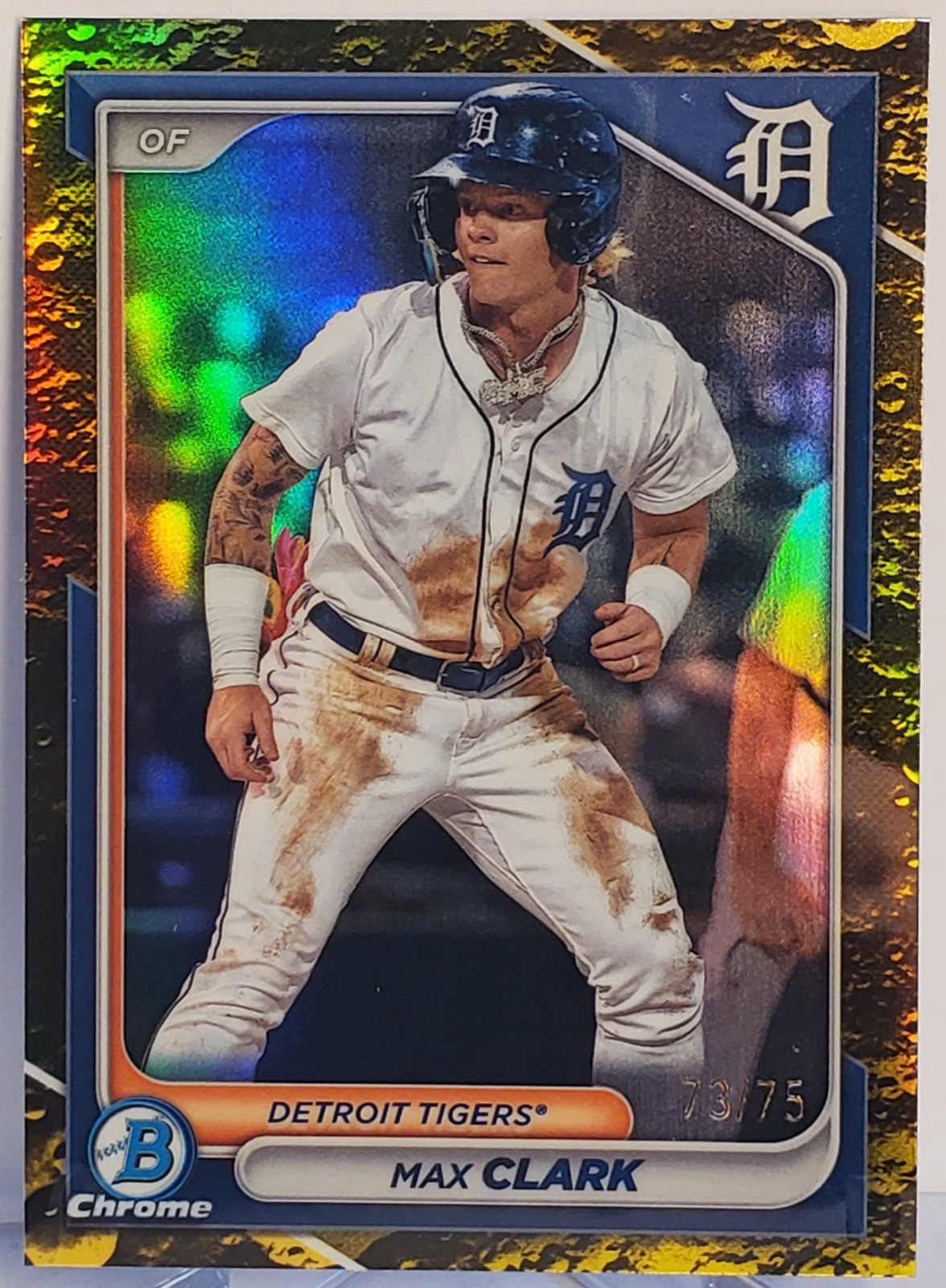 Max Clark- 2024 Bowman Chrome🔥Rookie🔥Yellow Lunar Refractor /75🔥BCP-74 Tigers