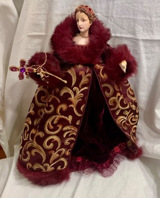Victorian Style Porcelain Doll Burgundy Gold Gown Fur Trim Scarlett O Hara Style