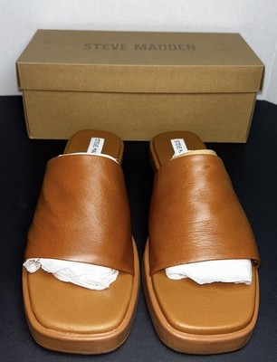 Steve Madden Holmes Sandals Women's US 11  Cognac Leather Slip On Slides NIB