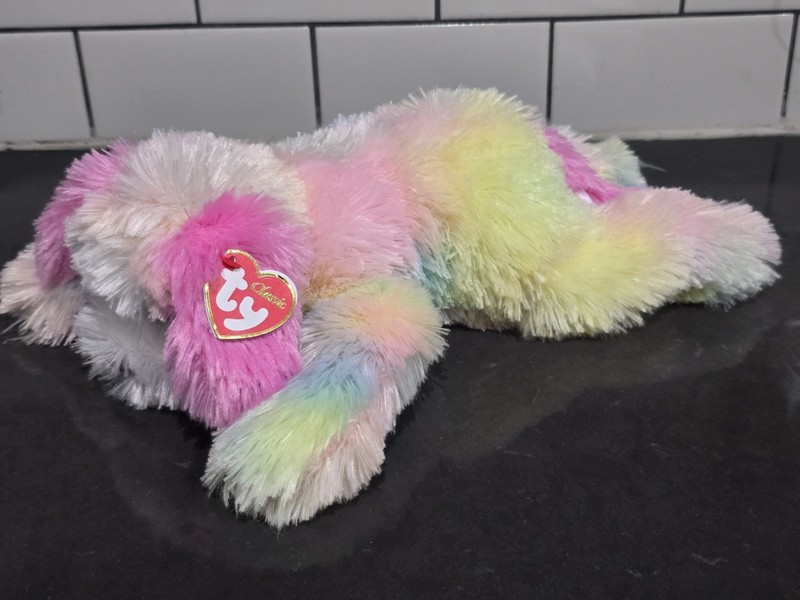 NWT Ty Classic Yodeler St Bernard Shaggy Puppy Dog Rainbow Pastel Plush 14”