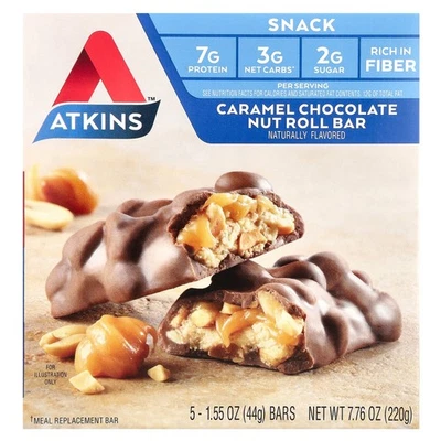 ATKINS Caramel Chocolate Nut Roll Bar, 5 Bars, 1.55 oz (44 g) Each