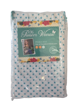 NEW The Pioneer Woman Polka Dot Standard Pair of Pillowcases White Teal