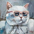 Peinture à l'huile originale portrait chat blanc avec verres roses 8 x 8 pouces