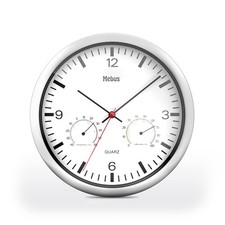 Mebus Quarz-Wanduhr 25cm mit Thermometer Hygrometer Silber Weiß Rund Modell