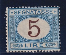 REGNO D'ITALIA 1874 SEGNATASSE 5 LIRE AZZURRO E BRUNO MNH CERT. RAYBAUDI