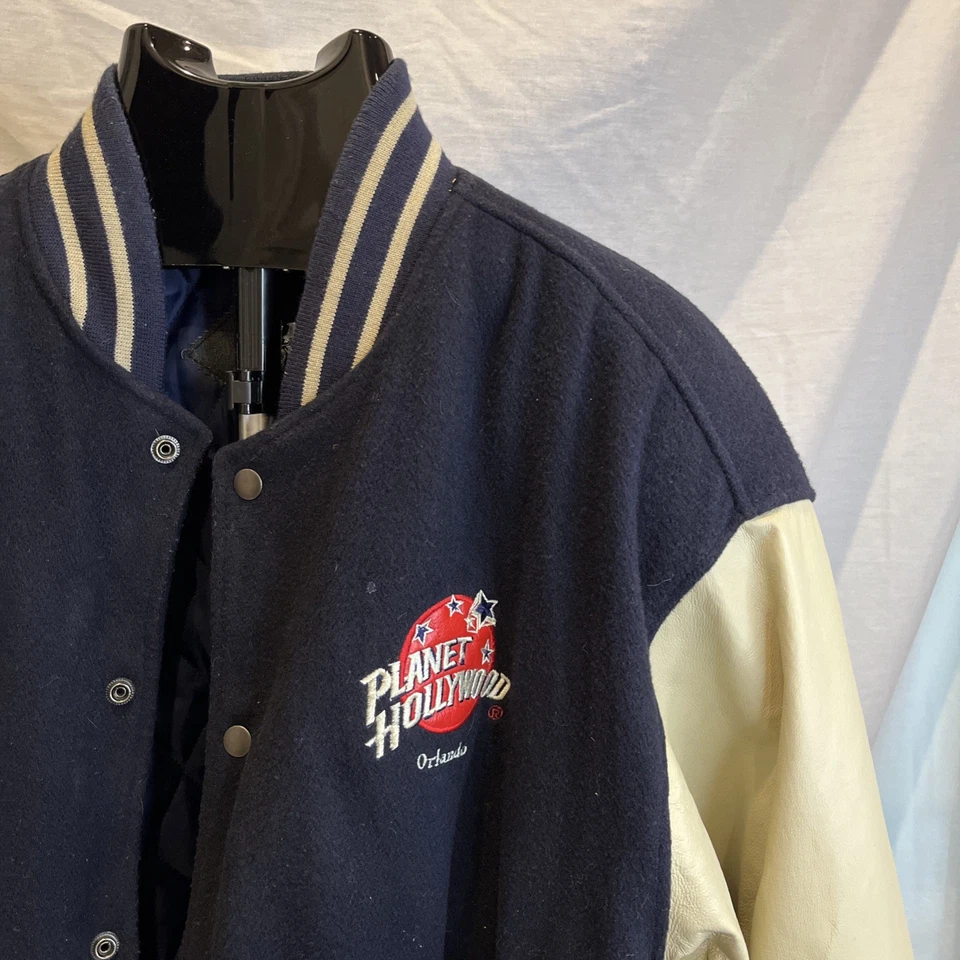 CHAQUETA BOMBER DE COLECCIÓN RARA PLANET HOLLYWOOD ORLANDO LANA CON MANGAS DE CUERO TALLA L Foto 2 de 4