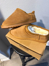 Brown Suede Slip-On Slippers Faux Fur Lined Comfort Rubber Sole Size 7.5