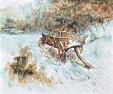 Jim Sloan original winter landscape oil painting on canvas, wagon, farm/barn