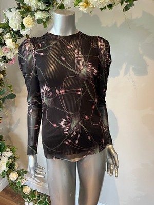 Ted Baker Top Damen TB 2 UK 10 schwarz Netz Blumen gerafft Shouderl Langarm