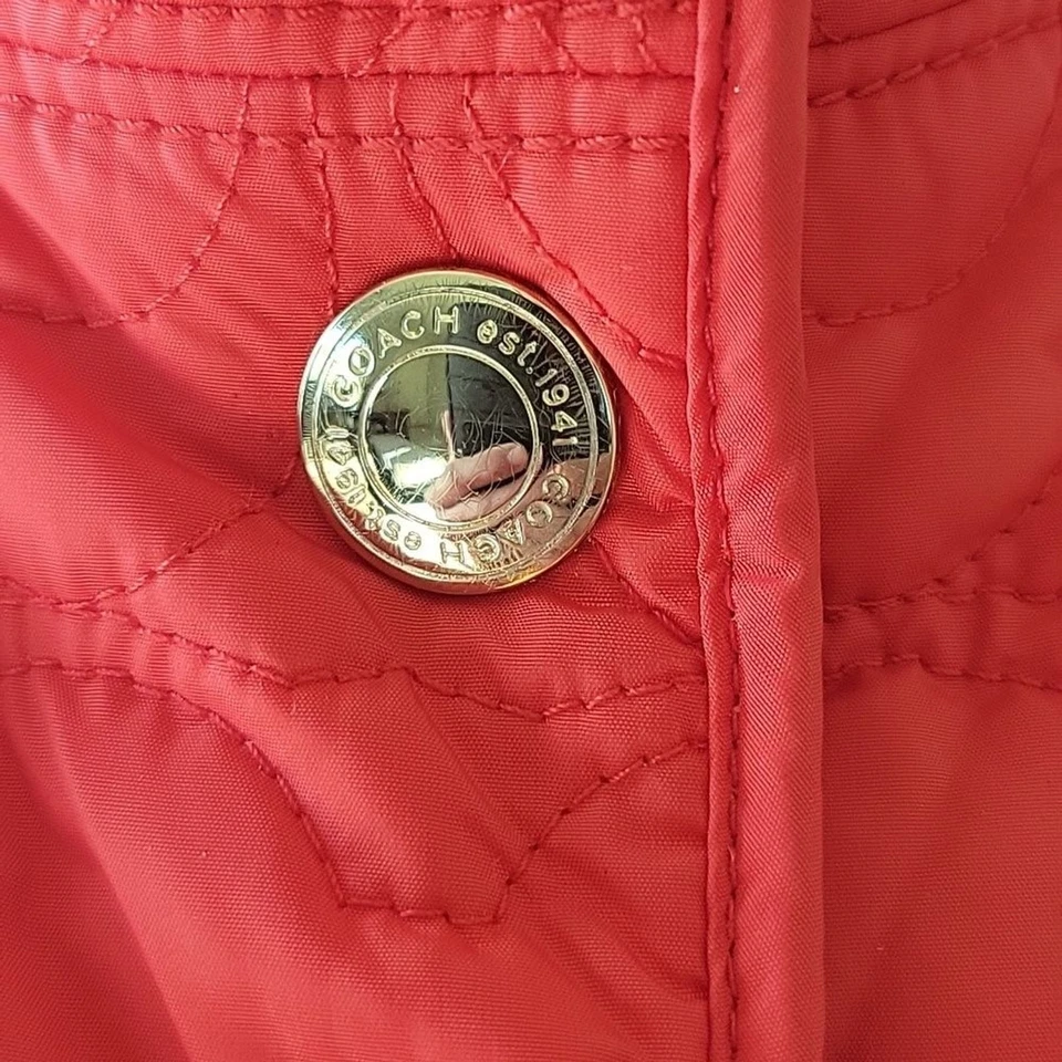 Coach Red Quilted Puffer Jacket Women’s Size Large Gold Buttons Signature “C” - Image 3 of 4