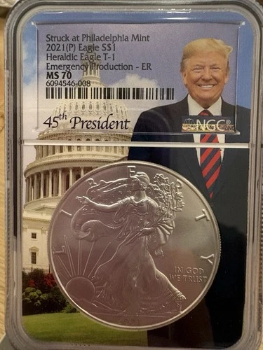 2021 P-1 Silver American Eagle Heraldic T-1 NGC MS70 45th President Trump