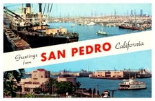 1950s Split Views of the Harbor & Ferry San Pedro California Vintage Postcard